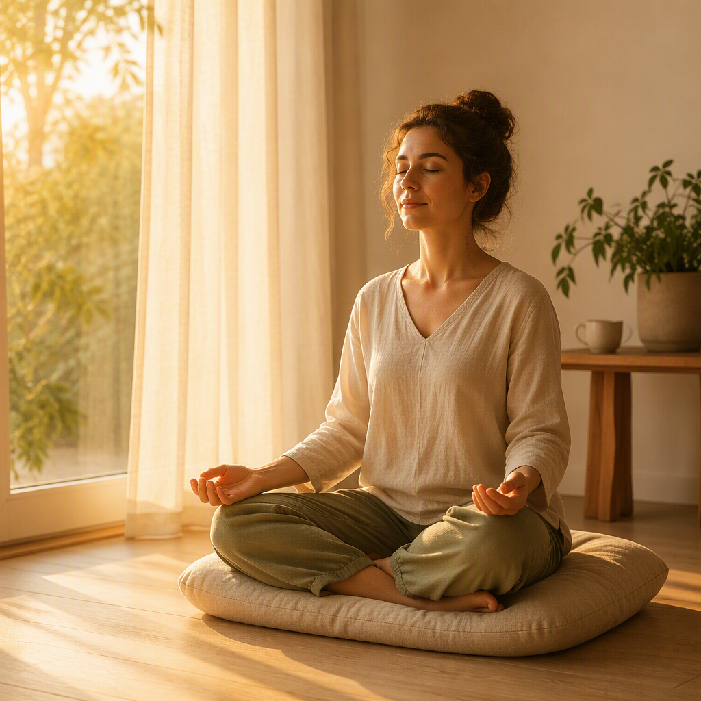 Woman practicing morning breathwork in calm sunlight — RE-CONNECT somatic workbook
